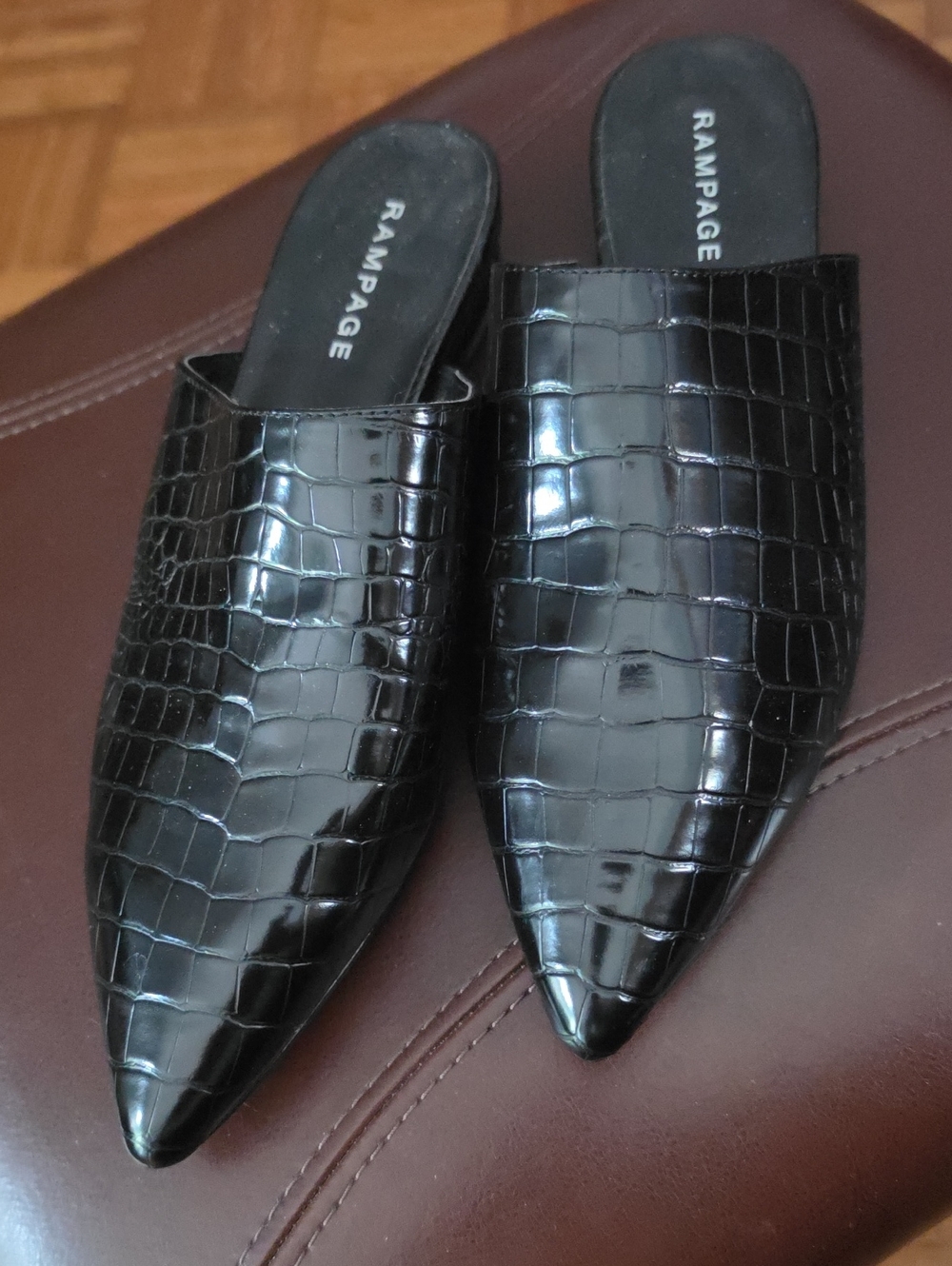Rampage Black Croc-Embossed Pointed Slip-On Mules